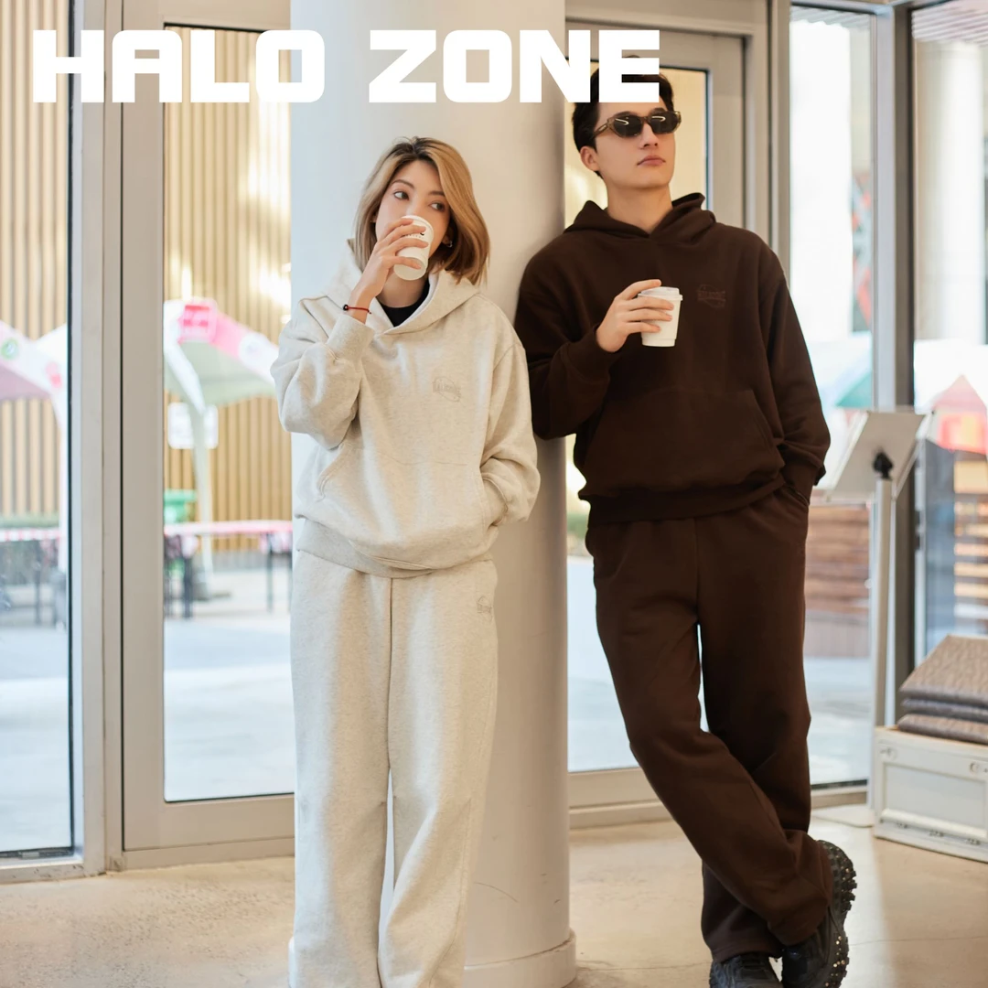 HALO ZONE美式复古情侣刺绣休闲百搭宽松慵懒风加绒卫衣卫裤套装