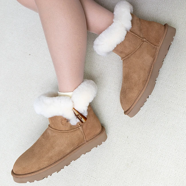 【薄底牛角扣】桑坡村羊皮毛一体时尚百搭真皮加绒保暖雪地靴冬季