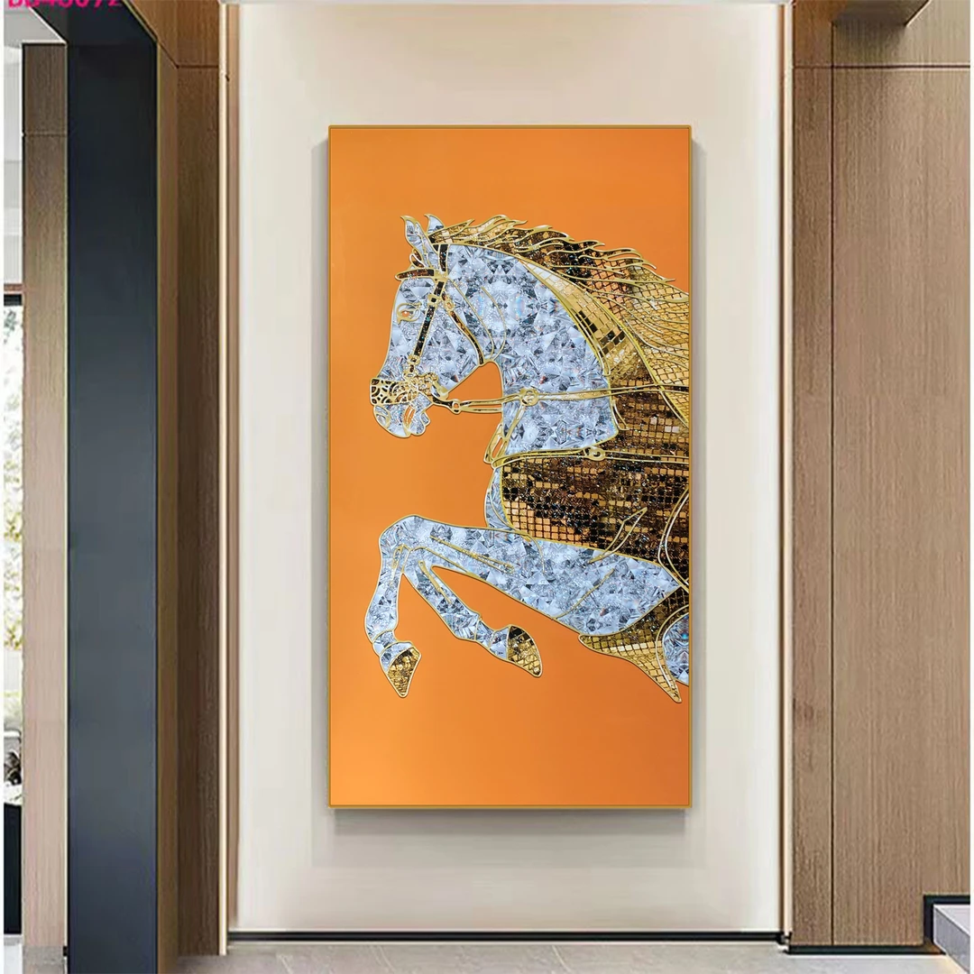 C 40  现代简约轻奢玄关将军马装饰挂画铝合金晶瓷带钻装饰画