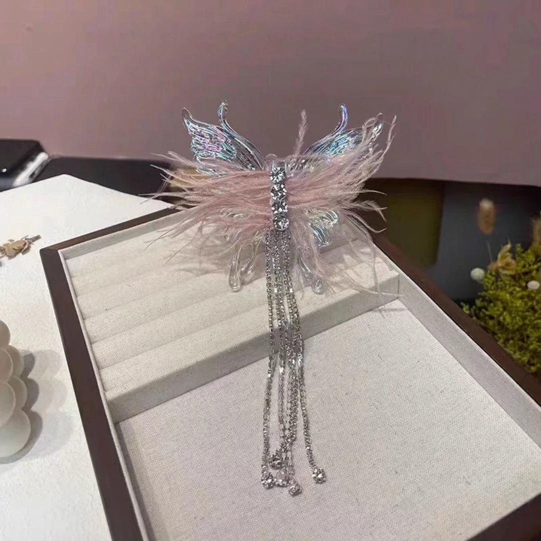2024新款人鱼姬立体蝴蝶超仙羽毛水钻流苏抓夹发夹气质发饰头饰
