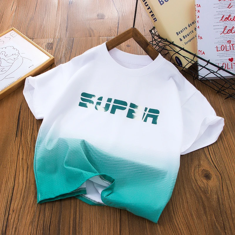 儿童T恤2024夏季新款中大童男女童渐变扎染工艺宽松洋气圆领半袖