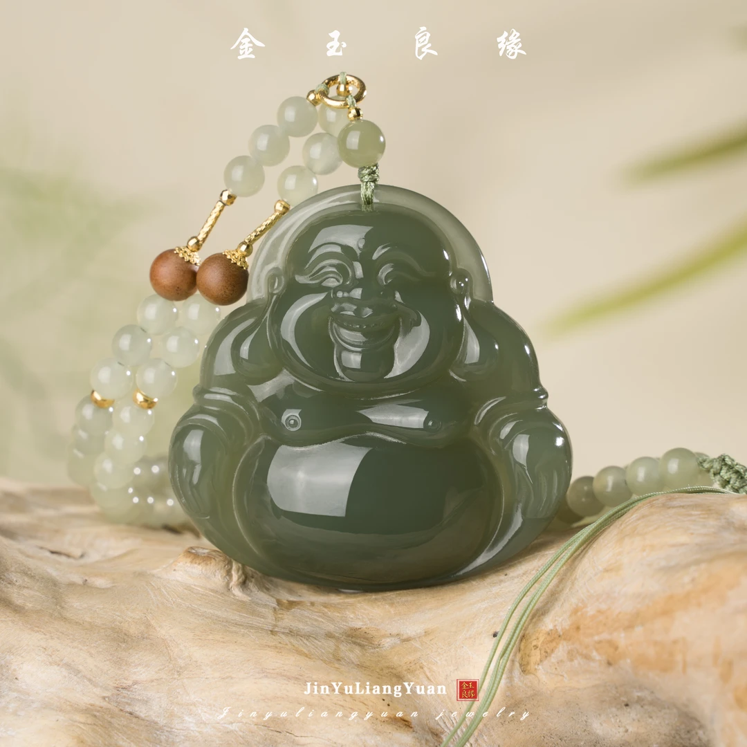 金玉良缘编绳湖水绿大肚弥勒佛和田玉吊坠
