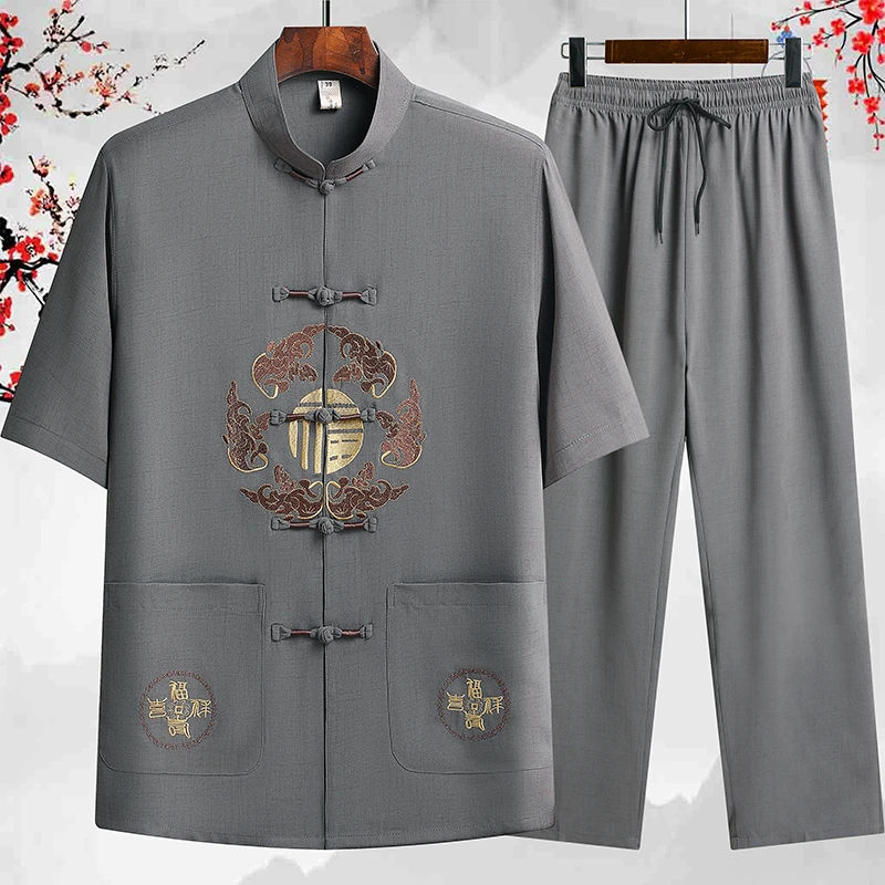 唐装男中老年人夏装爷爷短袖刺绣套装中国风冰丝爸爸装晨练汉服薄
