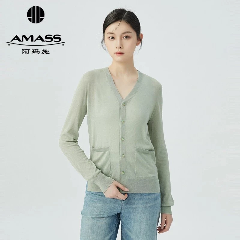 阿玛施AMASS  V领双口袋冰丝针织外罩衫5499210