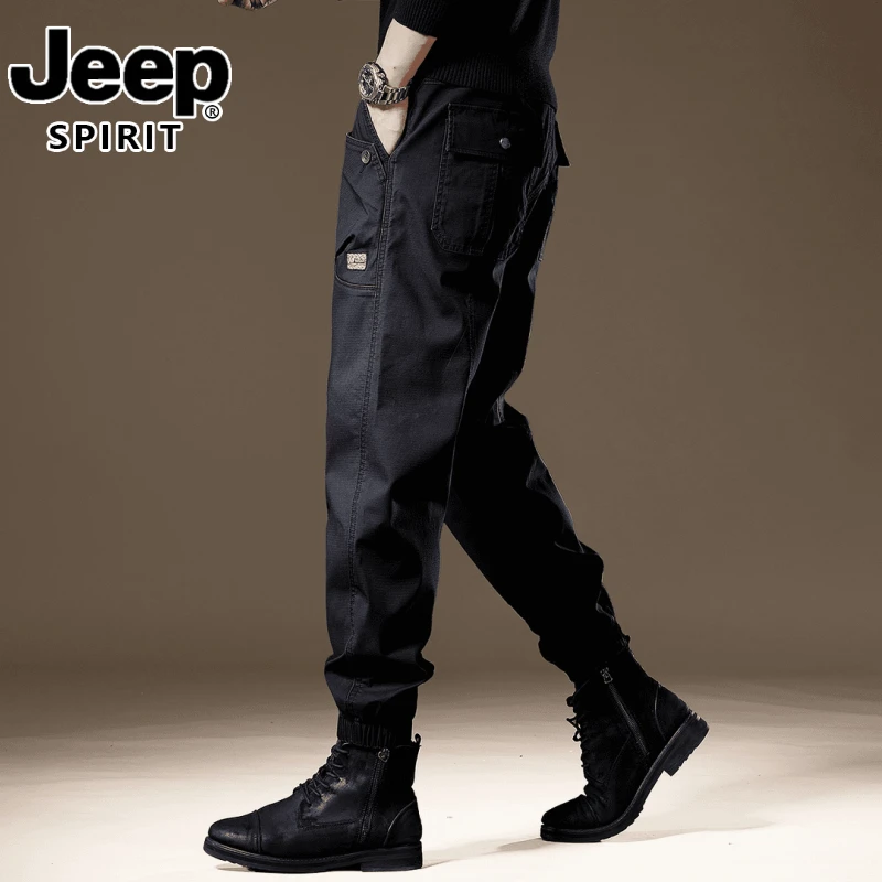 JEEP SPIRIT休闲工装裤子男秋冬新款黑色宽松大码直筒束脚长裤男