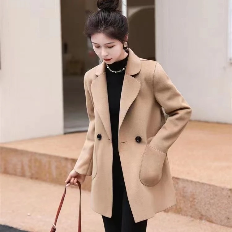 681-秋冬新款短款小个子女士双面绒时尚韩版百搭长款毛呢大衣外套