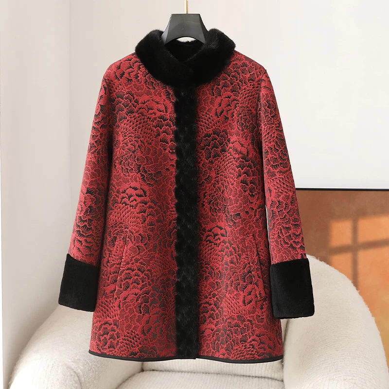 国风新中式印花皮毛一体皮草外套海宁新款妈妈羊剪绒大衣水貂毛领