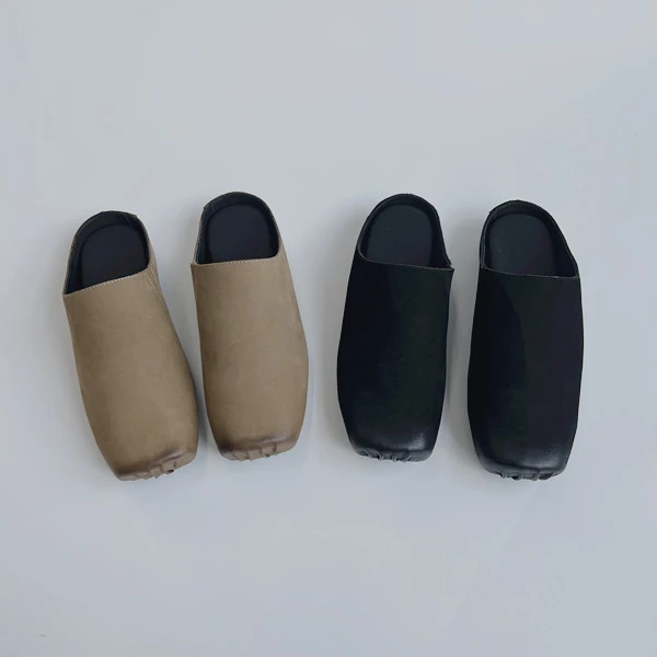 新款夏季复古包头半拖鞋休闲简约猪鼻子方头芭蕾平底擦色懒人拖