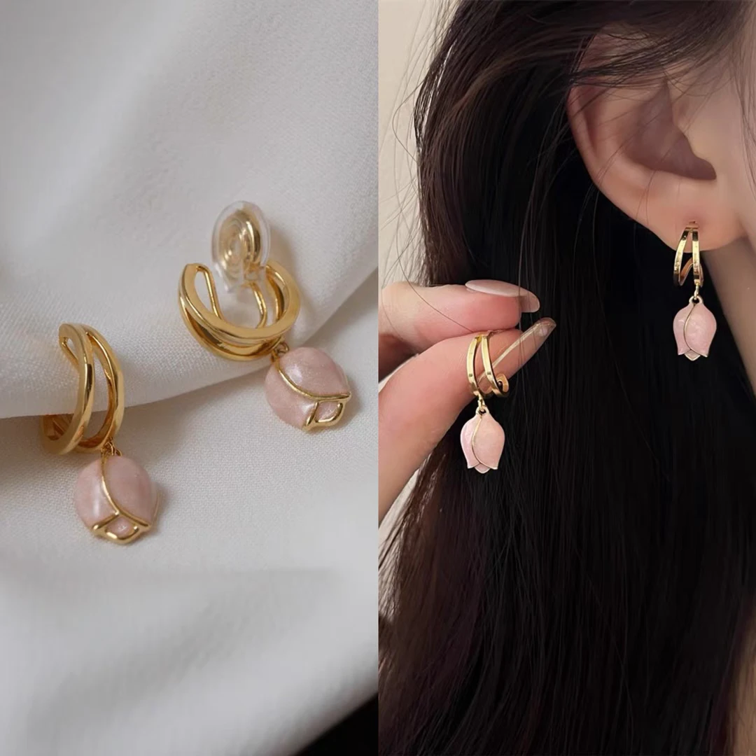 铜合金耳饰 轻奢郁金香花朵耳饰蚊香盘耳夹无耳洞女粉色小众耳环