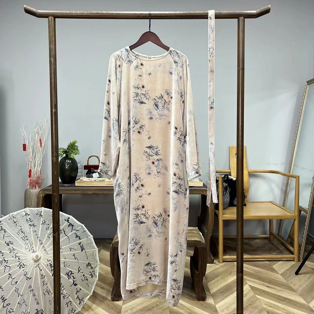 小苍兰！真 丝丝绒国风水墨长裙！GZ3481（配内搭吊带）