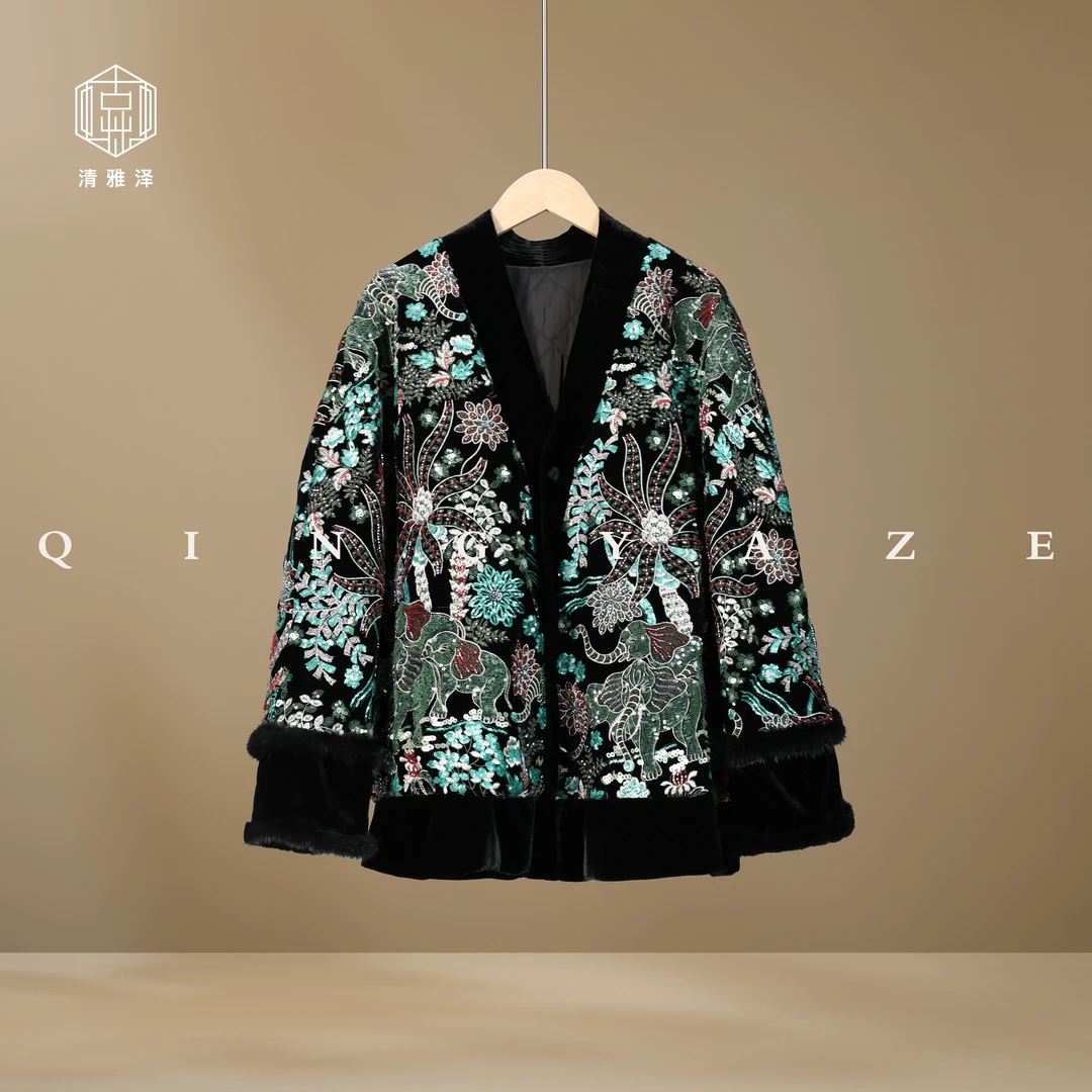 吉象如意！真丝丝绒重工钉珠新雪丽棉服外套！GZ4828