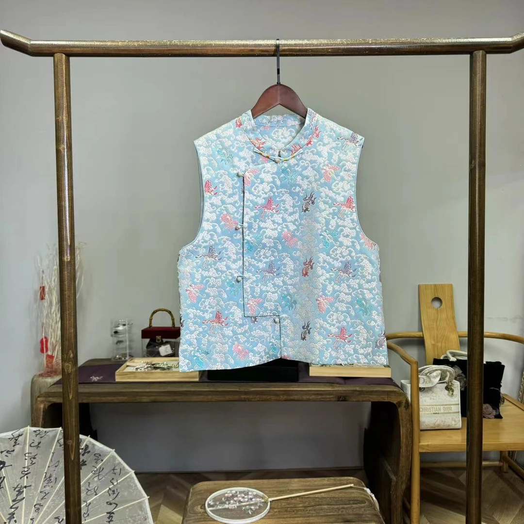 织金宋锦-金鱼戏蝶！真丝宋锦国风马甲！GZ3895