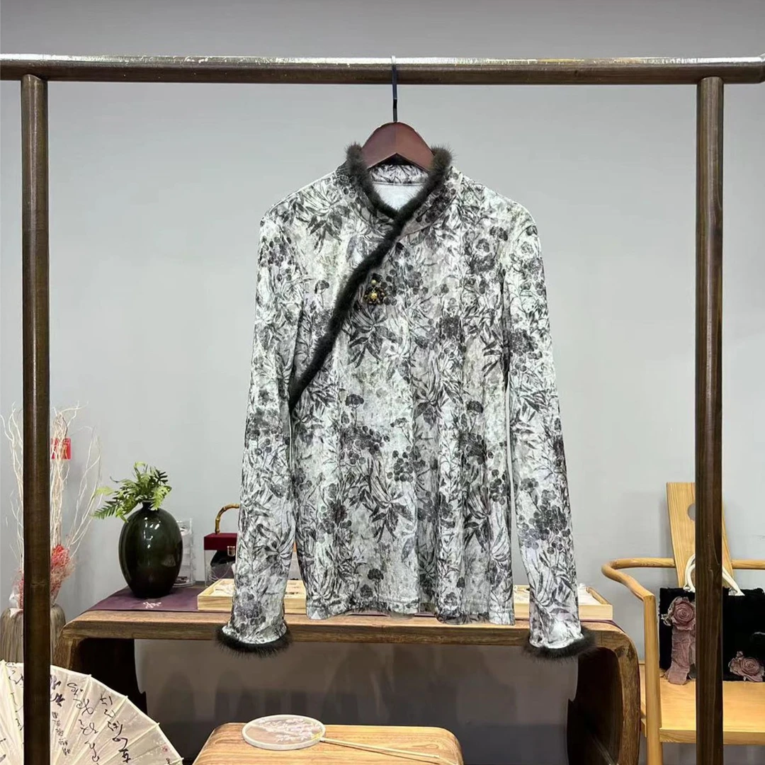 写意温婉！浮雕丝绒拼水貂国风打底上衣！GZ3253