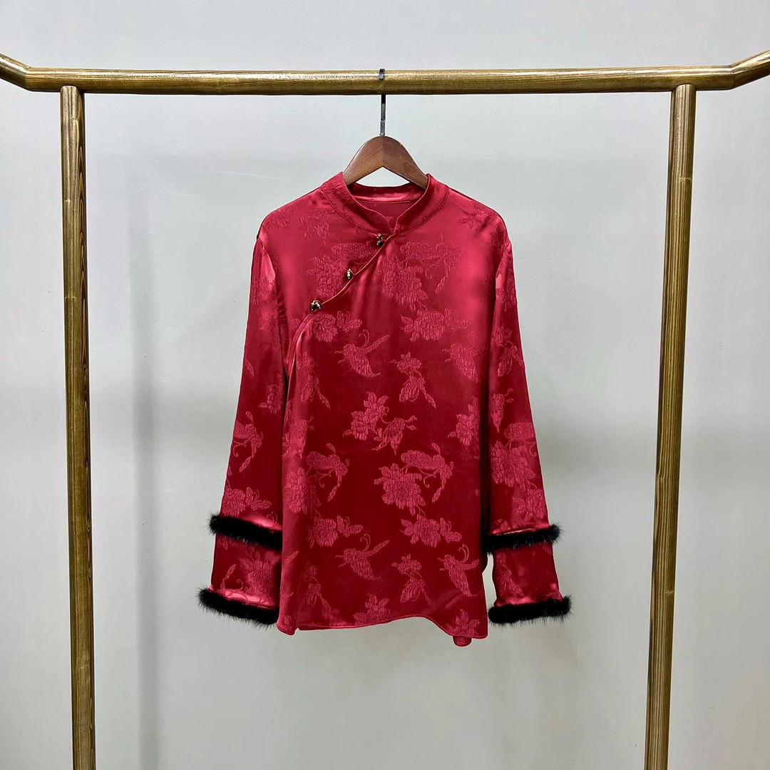 嫣然！真,丝冠乐皱国风拼水貂衬衣！GZ3034