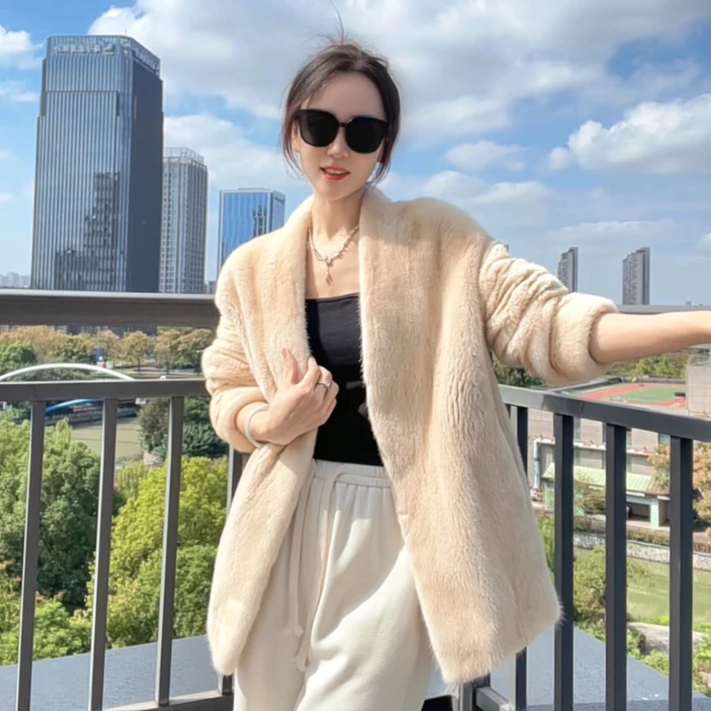 影小姐2024新款进口天鹅绒水貂毛V领外套整貂貂皮大衣女宽松秋冬