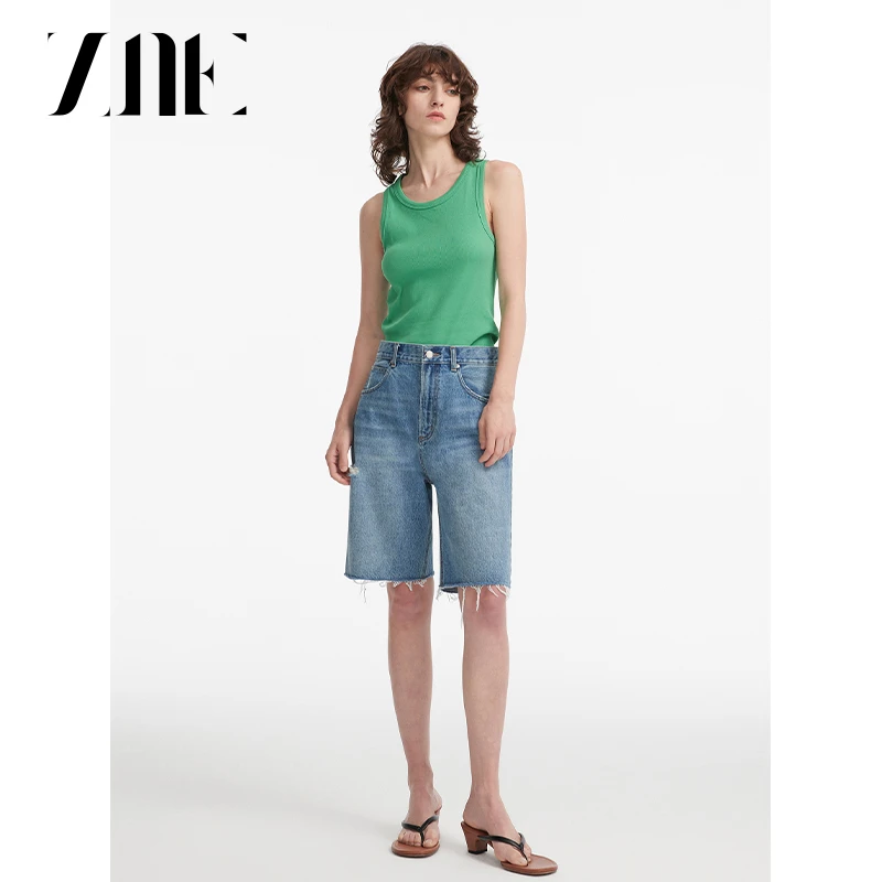 ZNE简练率性宽松牛仔显瘦直筒五分百搭设计师时尚中裤女 1267