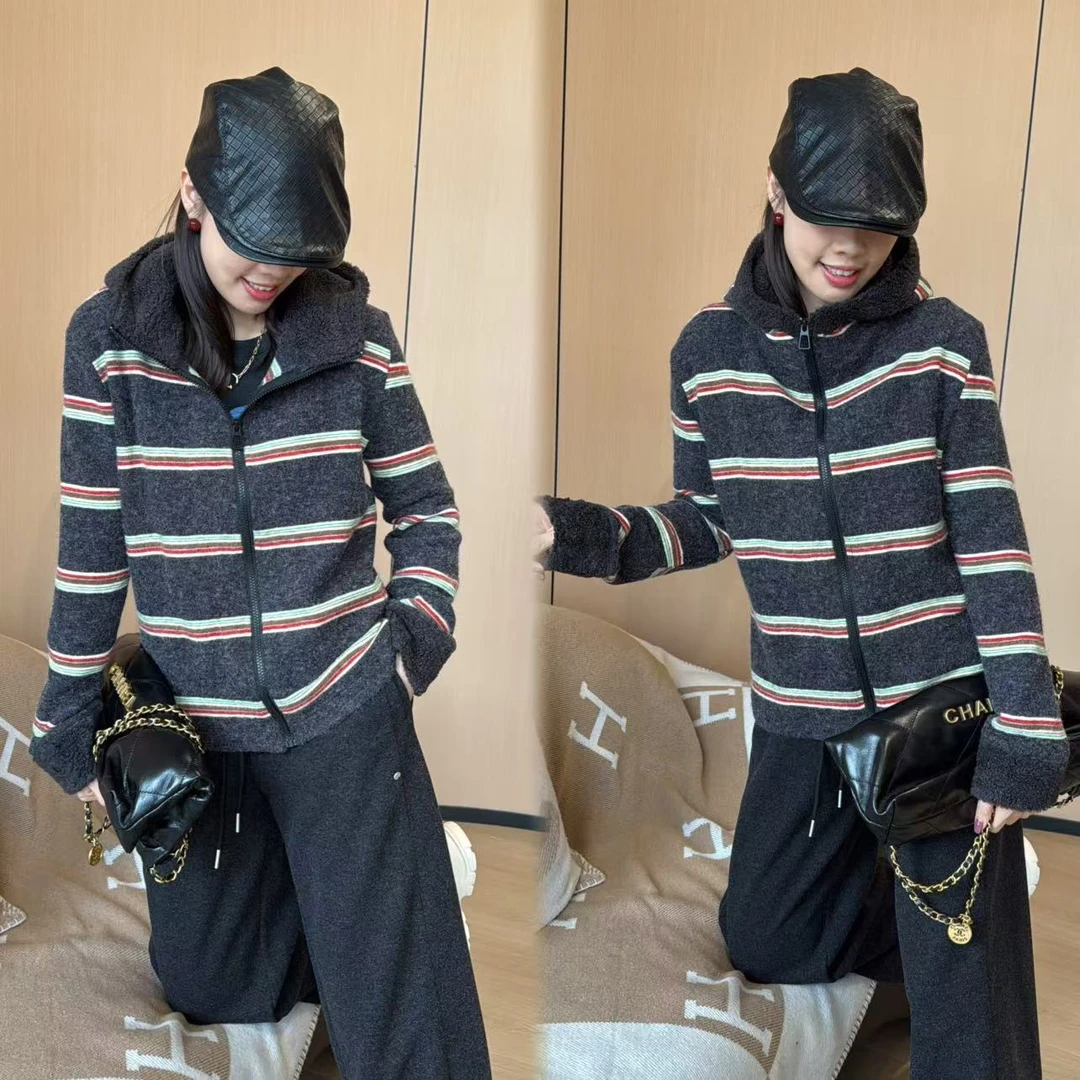 二姐的宝藏冬款条纹高级感百搭显瘦长袖连帽外套#24382