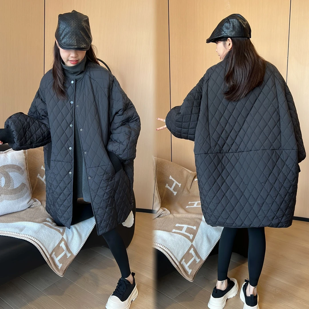 二姐的宝藏秋冬新款韩系宽松文艺菱形格纯色棉衣长袖外套#24344