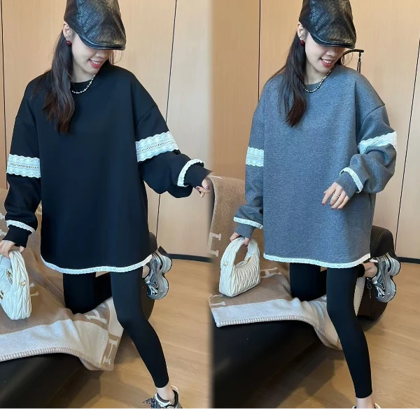 二姐的宝藏冬季新款加绒重工设计拼接下摆花边袖宽松卫衣#24436