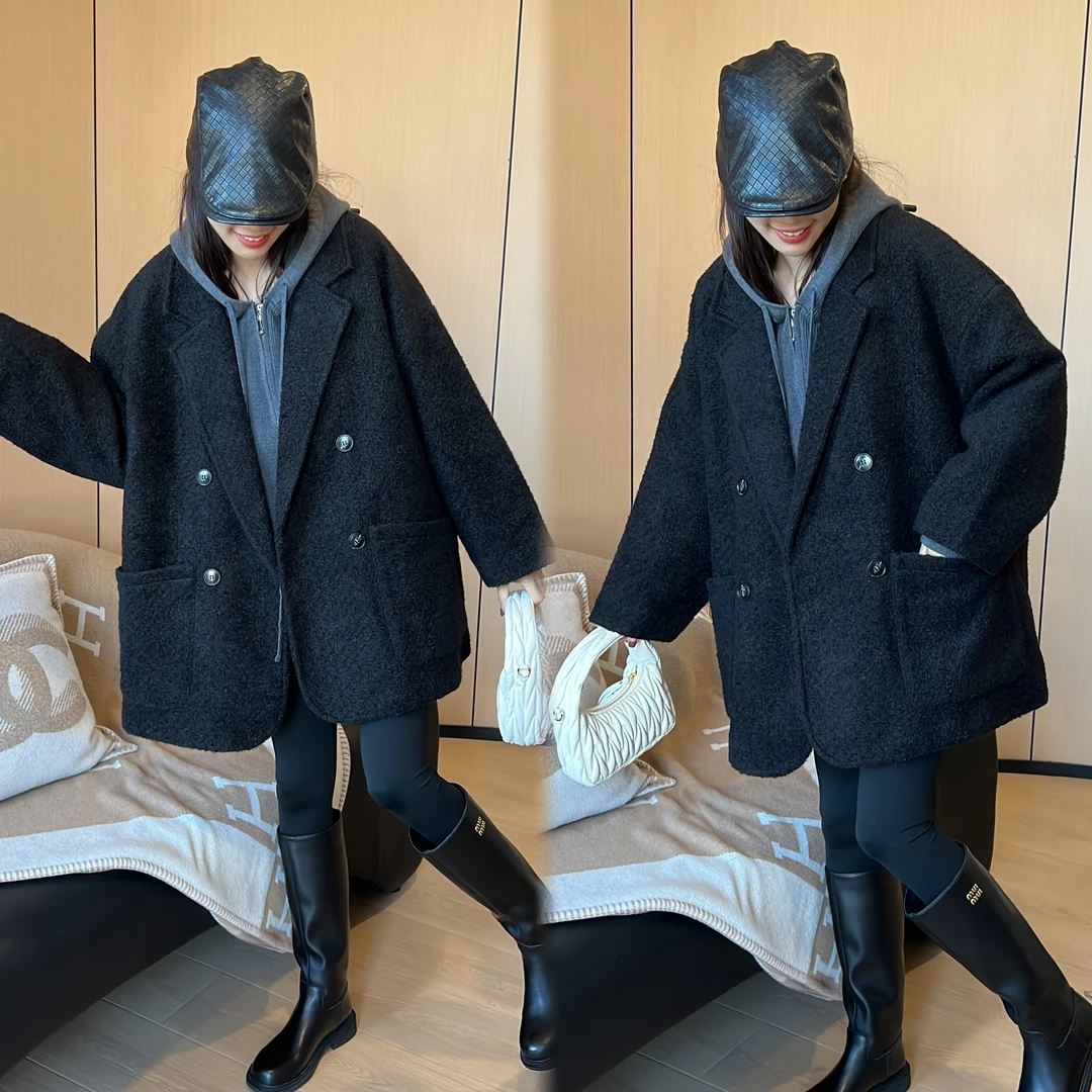 二姐的宝藏秋冬新款高级感中长款宽松显瘦毛毛西装长袖外套#24434