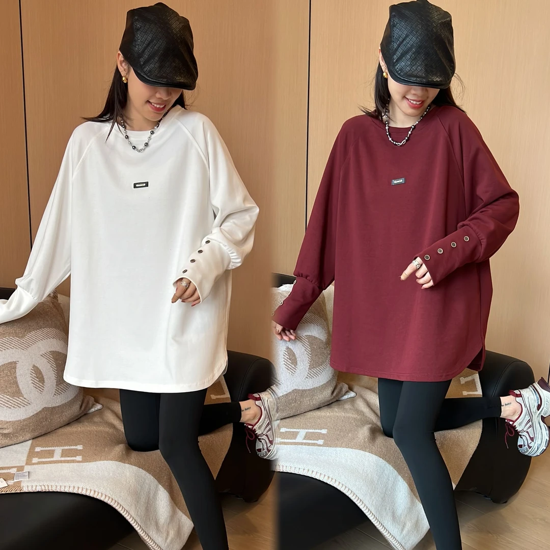 二姐的宝藏秋冬款袖口纽扣字母小皮标设计韩版宽松T恤上衣#24302