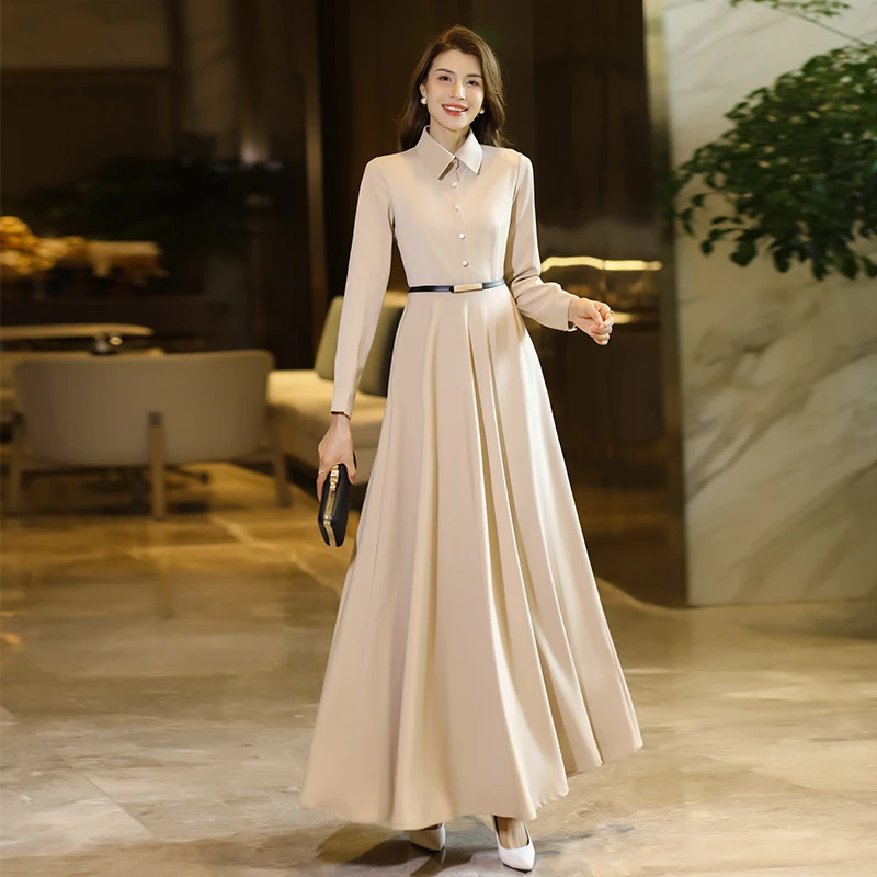 长袖连衣裙女2023春秋新款气质长款大摆衬衫领显瘦长裙轻奢优雅