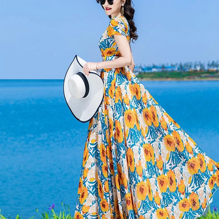 碎花连衣裙女长款到脚踝2024年夏季新款法式显瘦雪纺大摆超长裙子