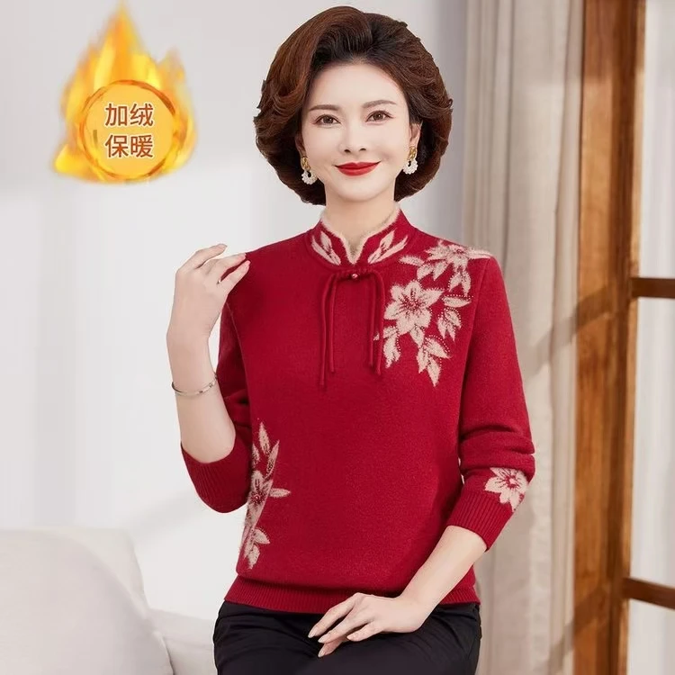 妈妈冬季加绒加厚一体绒毛衣中年女装时尚旗袍领保暖上衣24208