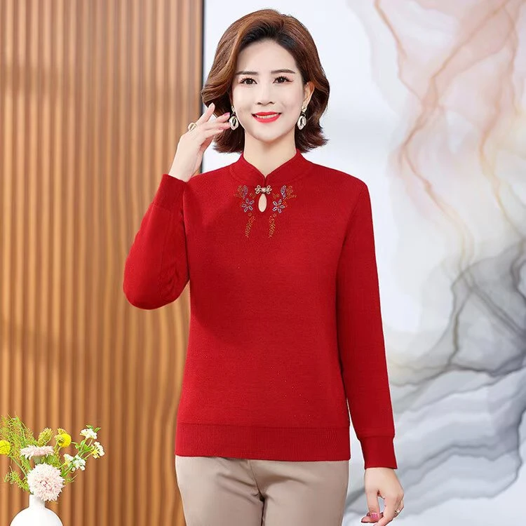 洋气妈妈冬装一体绒加厚上衣中年短款保暖毛衣针织加绒打底衫1895