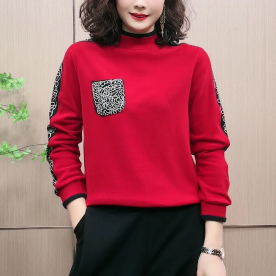 双面绒半高领长袖t恤女烫钻字母冬季新款宽松遮肉显瘦百搭打底衫