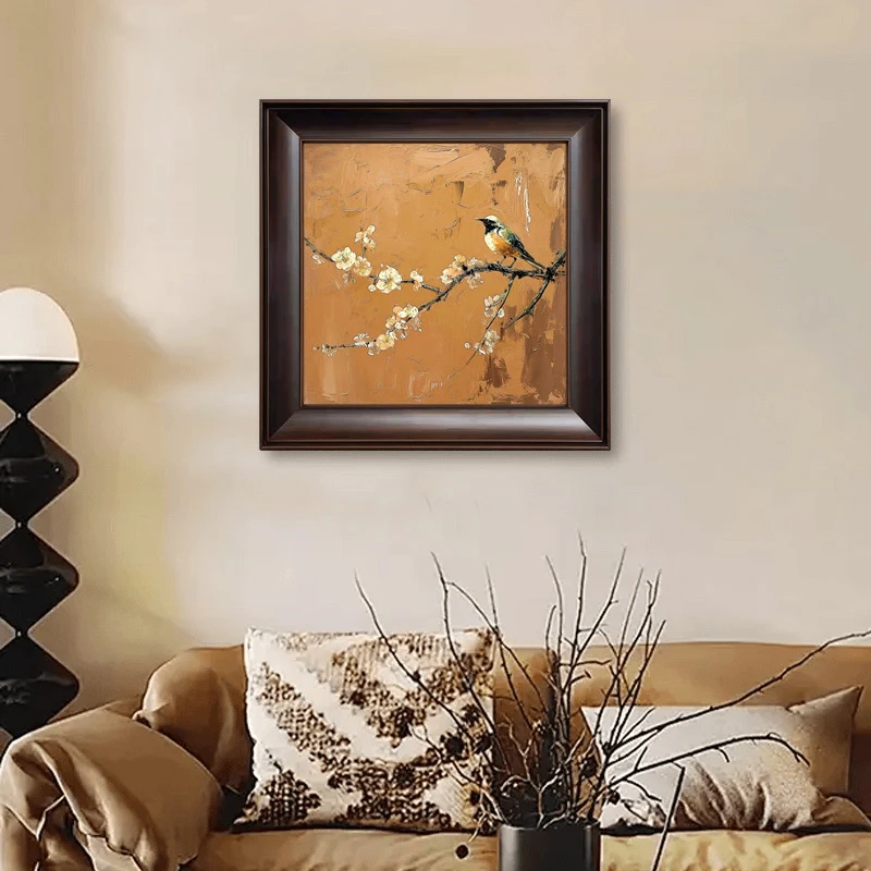 u作【吉雀金枝】手工油画中古风新中式装饰画餐厅玄关摆台挂画