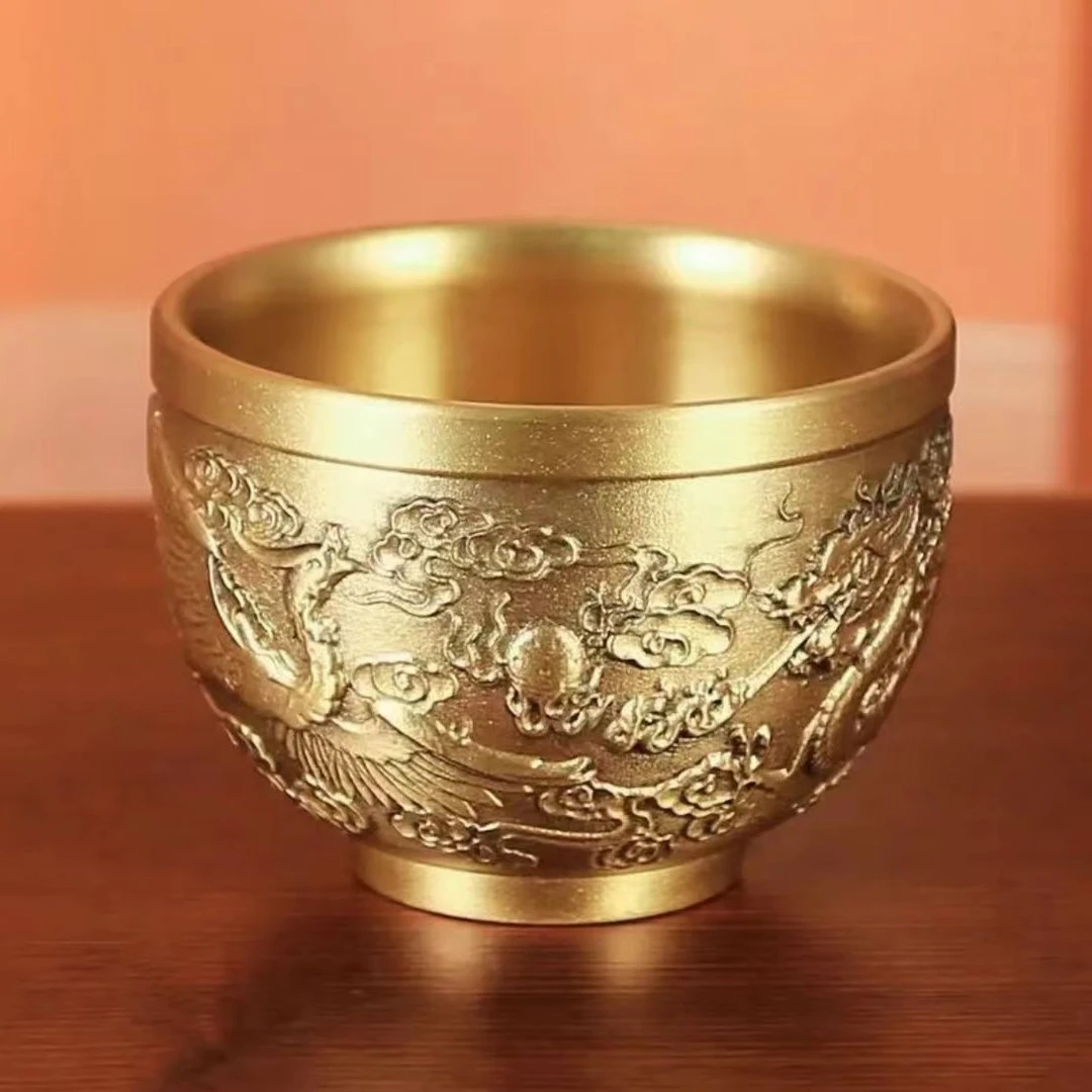 黄铜龙凤浮雕轻奢主人杯装饰家用创意大号茶杯聚宝盆高档工艺品
