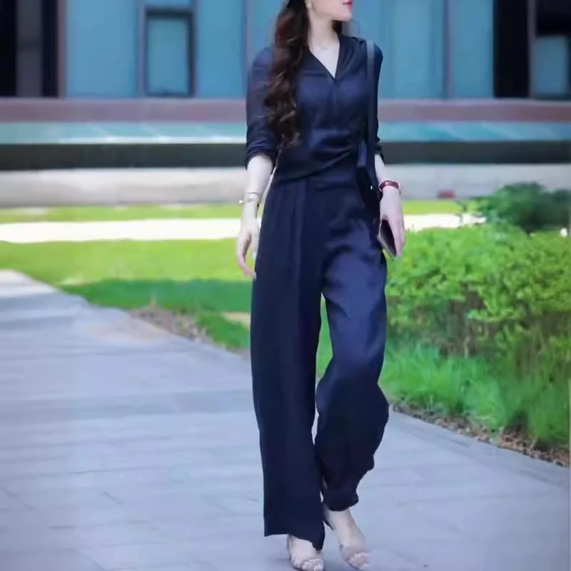 24165时尚气质潮流夏季新款高级感V领系带上衣高腰阔腿裤显瘦女