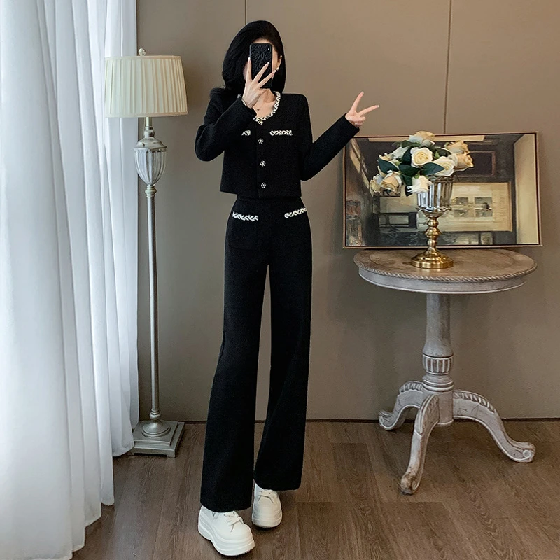 高级感黑色时尚套装秋冬2024新款法式小香风上衣直筒裤两件套女装