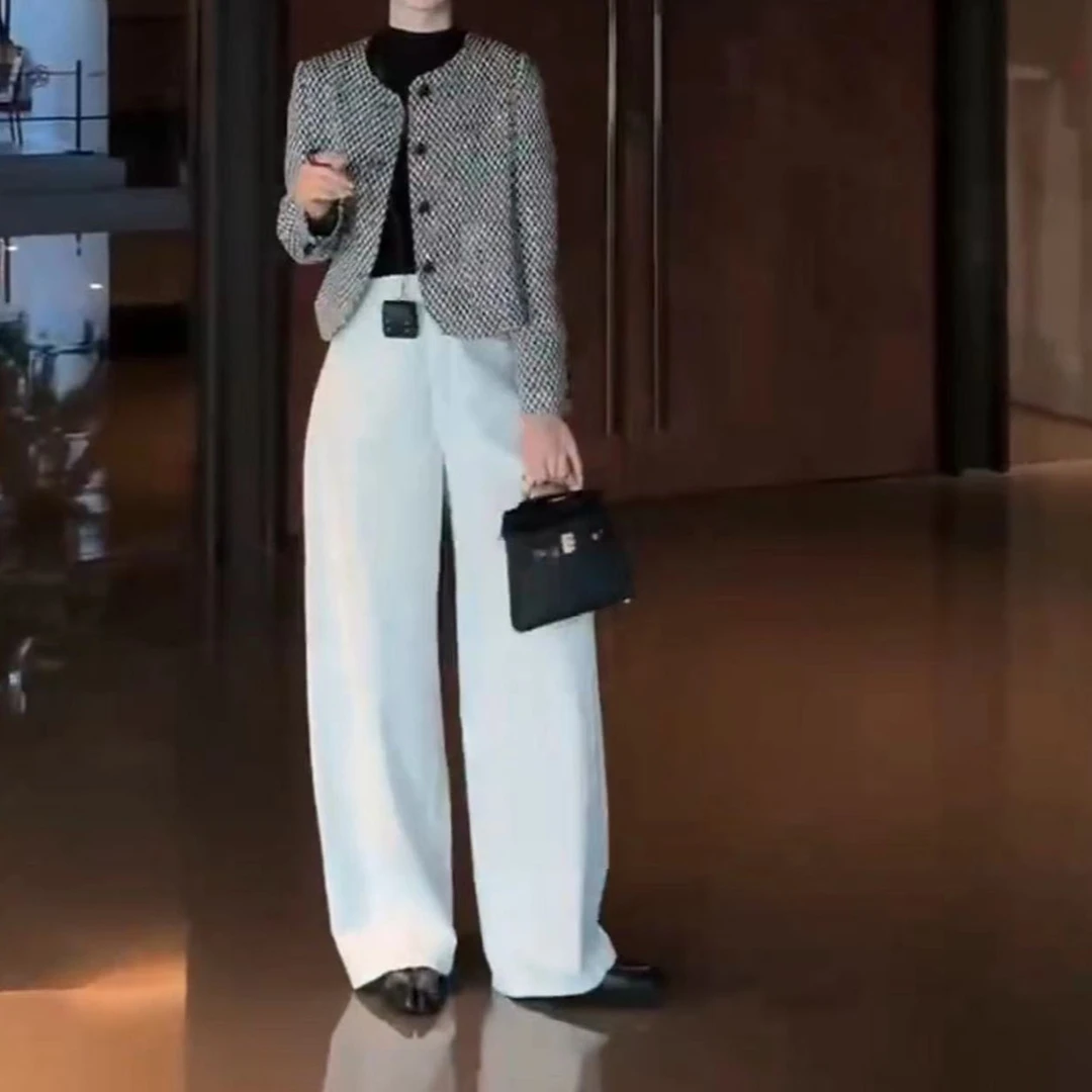 24853高智淡人2024秋季新法式洋气千鸟格长袖外套垂感阔腿裤女