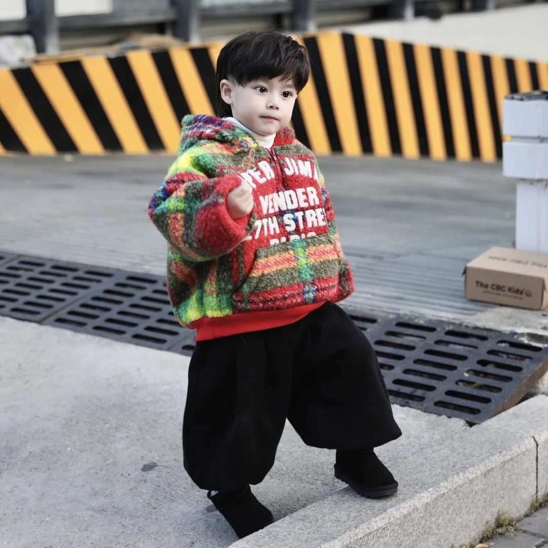 男打底加绒卫衣冬装新款中小童宝宝加厚新款彩色格子连帽洋气卫衣