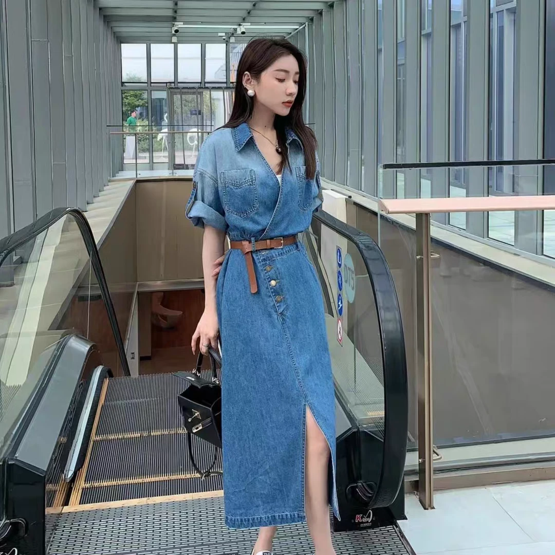2025新品渐变色牛仔裙时尚收腰开叉V领连衣裙送腰带