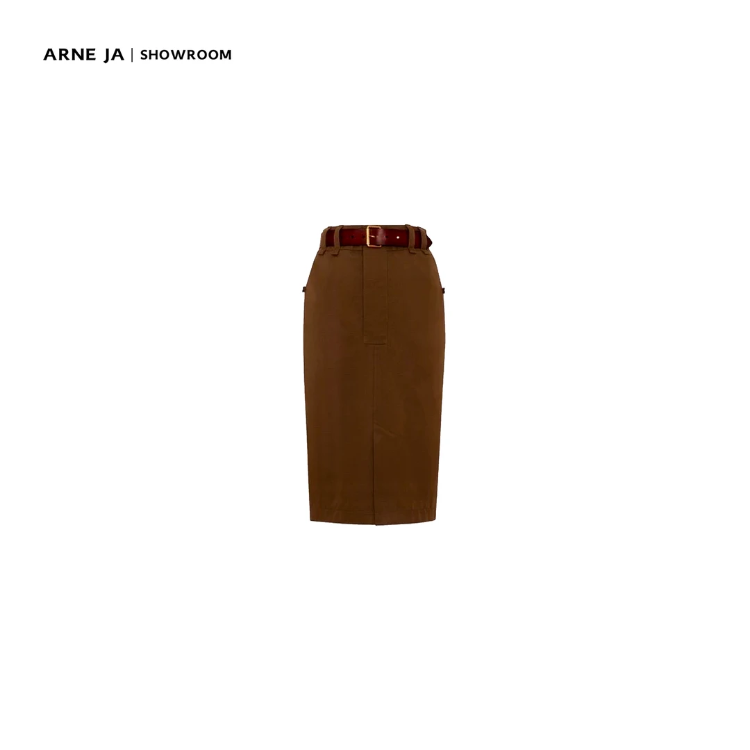 ARNE JA ｜“大都会Lady”别致砂洗长绒棉斜纹巧克力棕工装半身裙