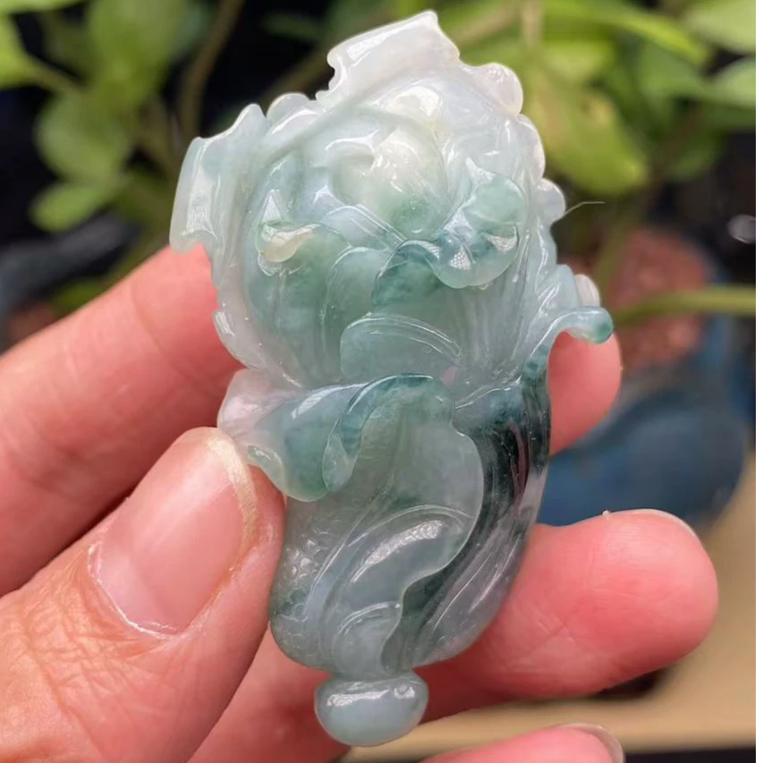 天然缅甸A货翡翠糯化种飘兰花翡翠白菜吊坠精工俏色巧雕男士珠宝