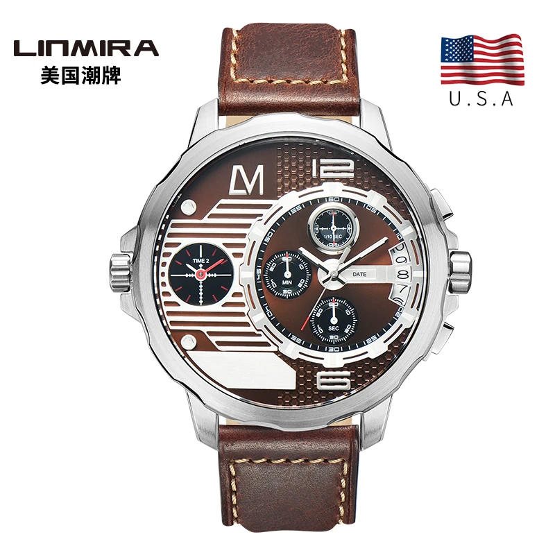 大表盘两地时间男士潮牌酷炫石英皮带手表多功能时尚气质潮流腕表