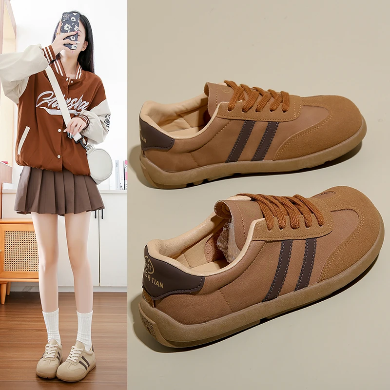 【万达撤柜】轻便德训鞋女2025秋季皮面复古运动鞋百搭设计感休闲鞋