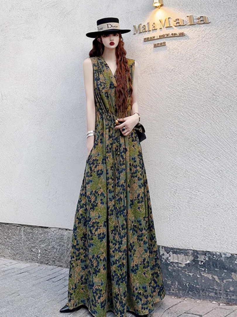 轻奢长裙夏季2024新款女款度假气质宽松无袖印花时尚复古连衣裙