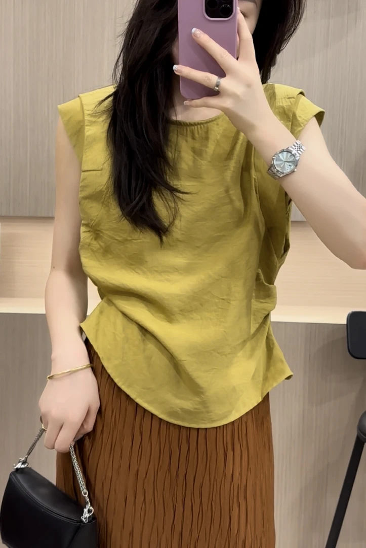 【浪漫满屋】2024新款圆领飞飞袖T恤女设计感减龄无袖上衣
