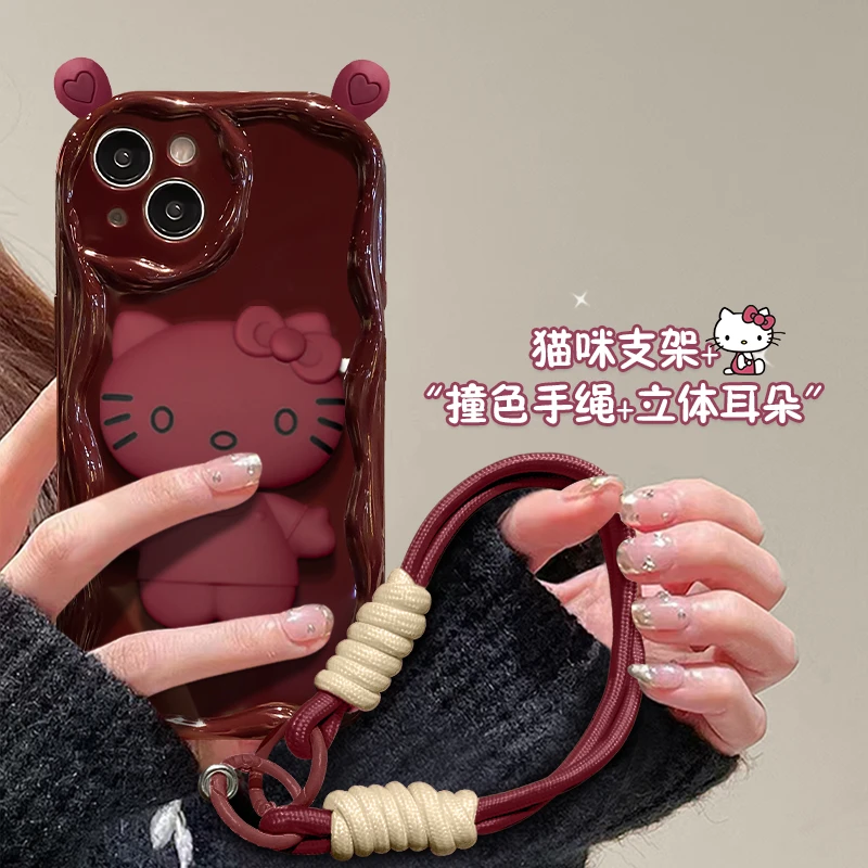 kt猫支架曲边纹全包苹果15手机壳（华为oppo小米vivo）mate60创意