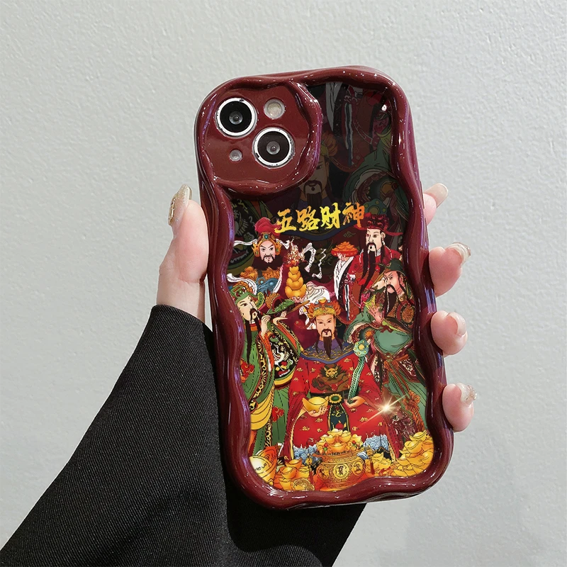 五路财神爷曲边纹全包苹果15手机壳（华为oppo小米vivo）mate60防摔