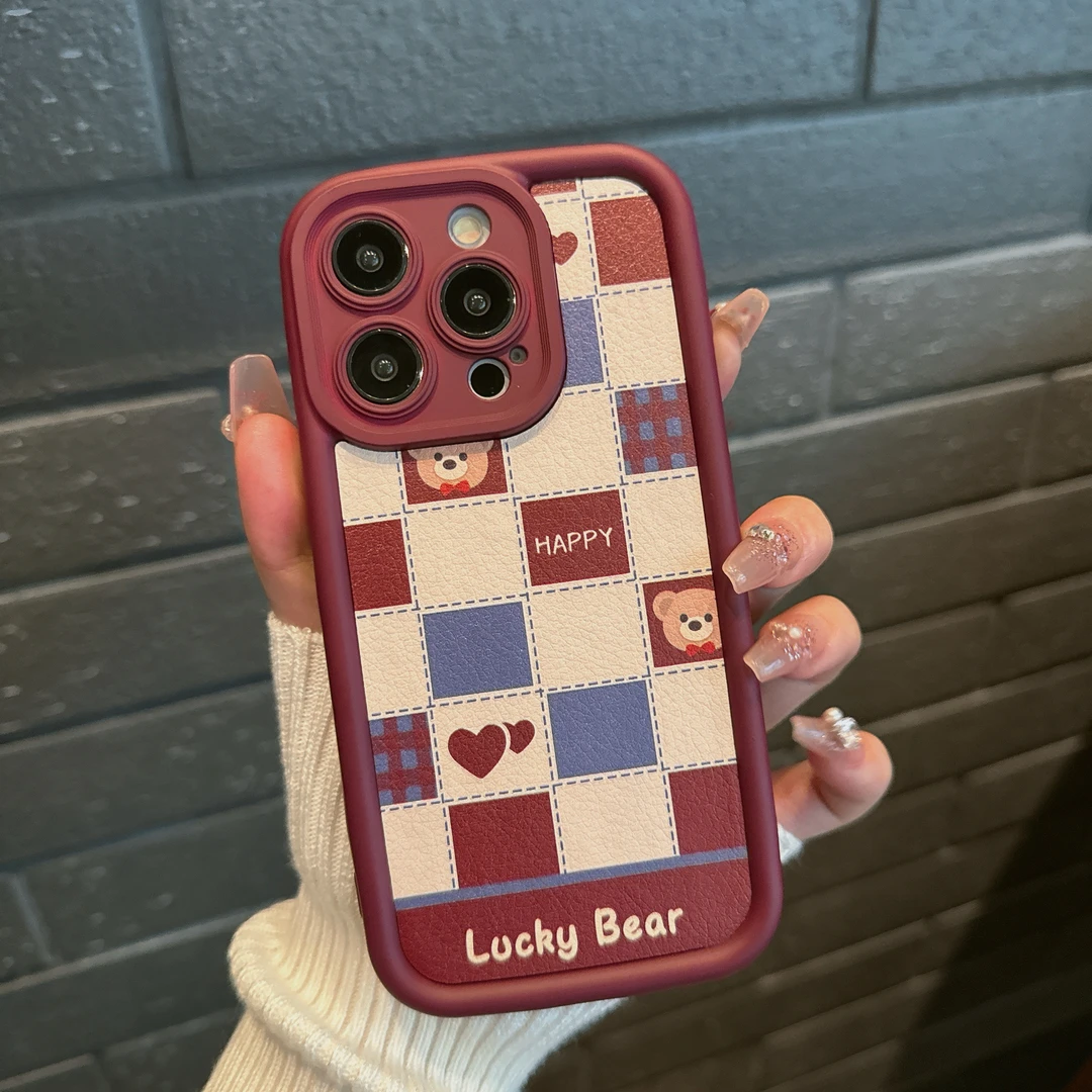 方块拼接小熊苹果15少女全包手机壳oppo小米vivo华为mate60硅胶