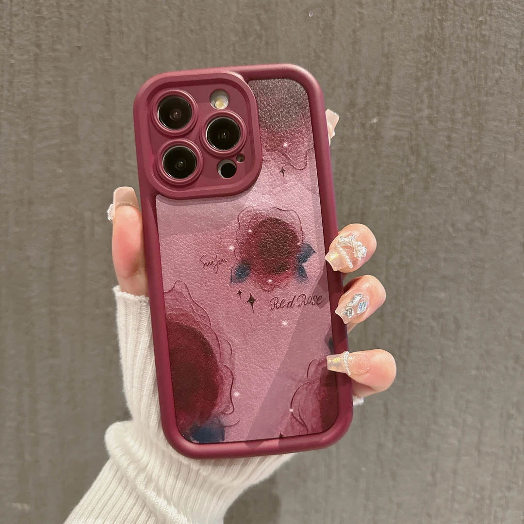 玫瑰防摔苹果15少女全包手机壳oppo小米vivo华为mate60