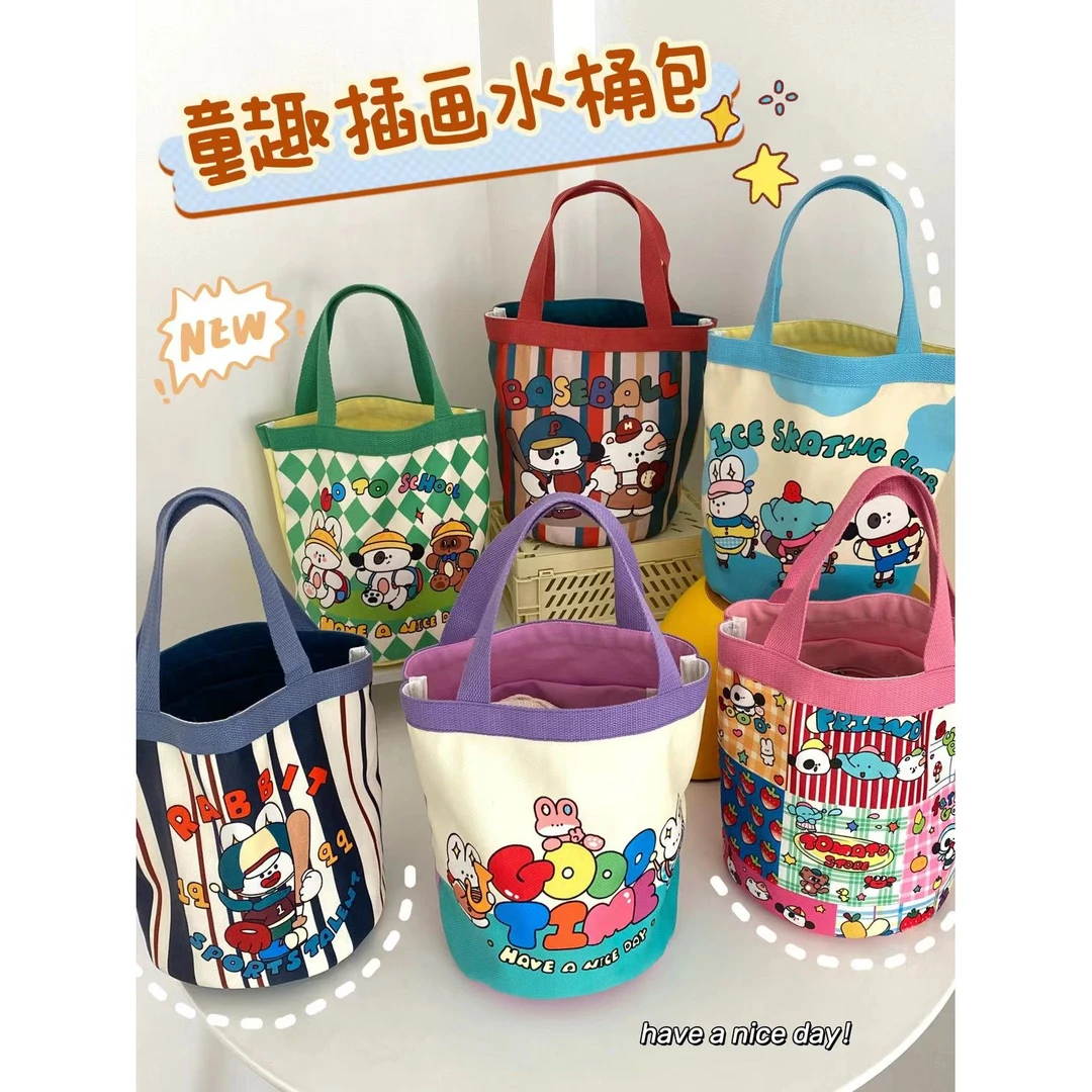 可爱插画水桶手提韩风少女心妈咪便当袋上班小拎包童趣涂鸦帆布包