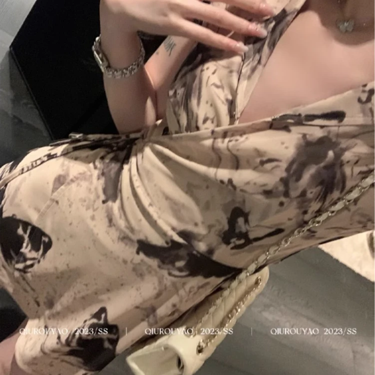 清1邱肉瑶清 新款新中式水墨画连衣裙女短袖收腰中长款a字裙子