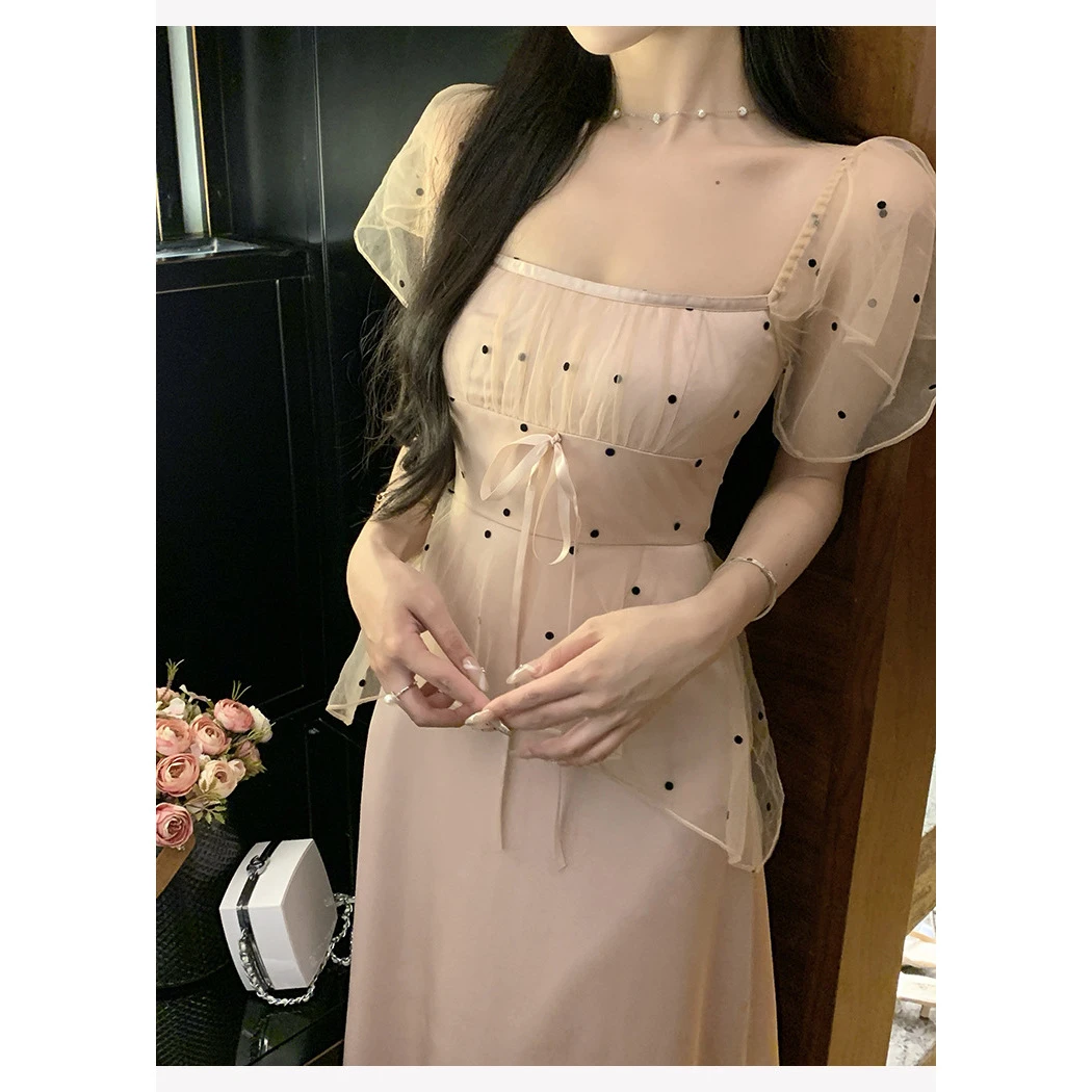 1邱肉瑶清【铃兰粉栀】法式甜美拼接网纱波点连衣裙显瘦LD24050106S